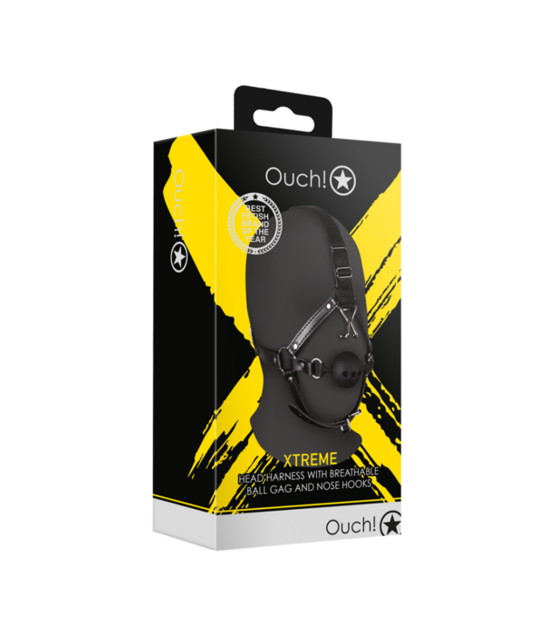 Ouch! by Shots Hoofdharnas met ademende ball gag en neus haken - Zwart