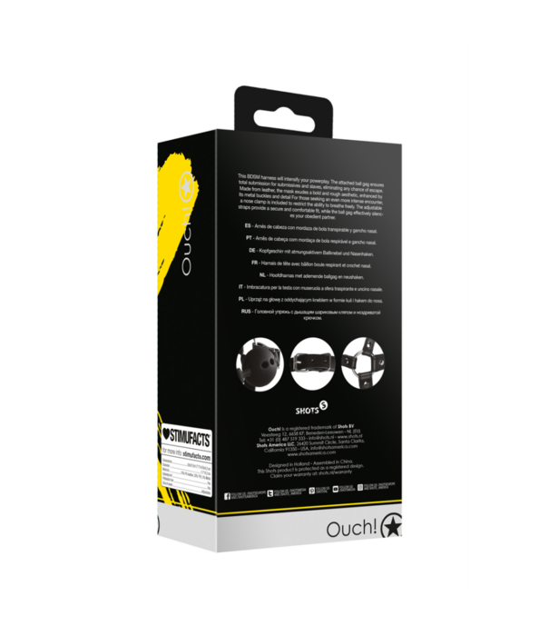 Ouch! by Shots Hoofdharnas met ademende ball gag en neus haken - Zwart