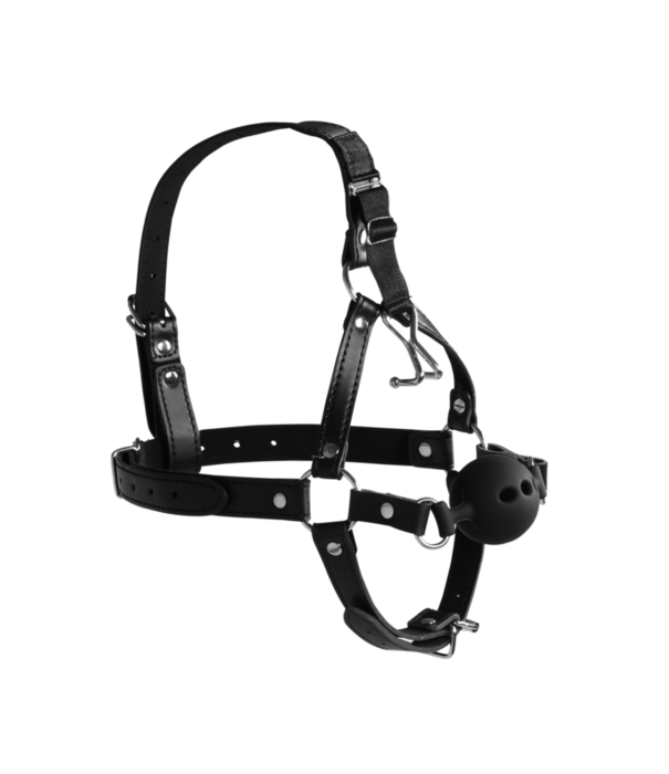 Ouch! by Shots Hoofdharnas met ademende ball gag en neus haken - Zwart