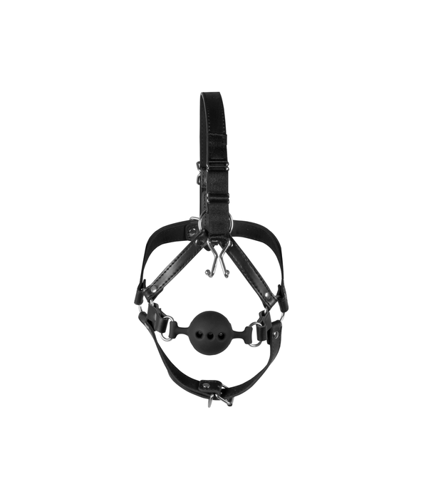 Ouch! by Shots Hoofdharnas met ademende ball gag en neus haken - Zwart