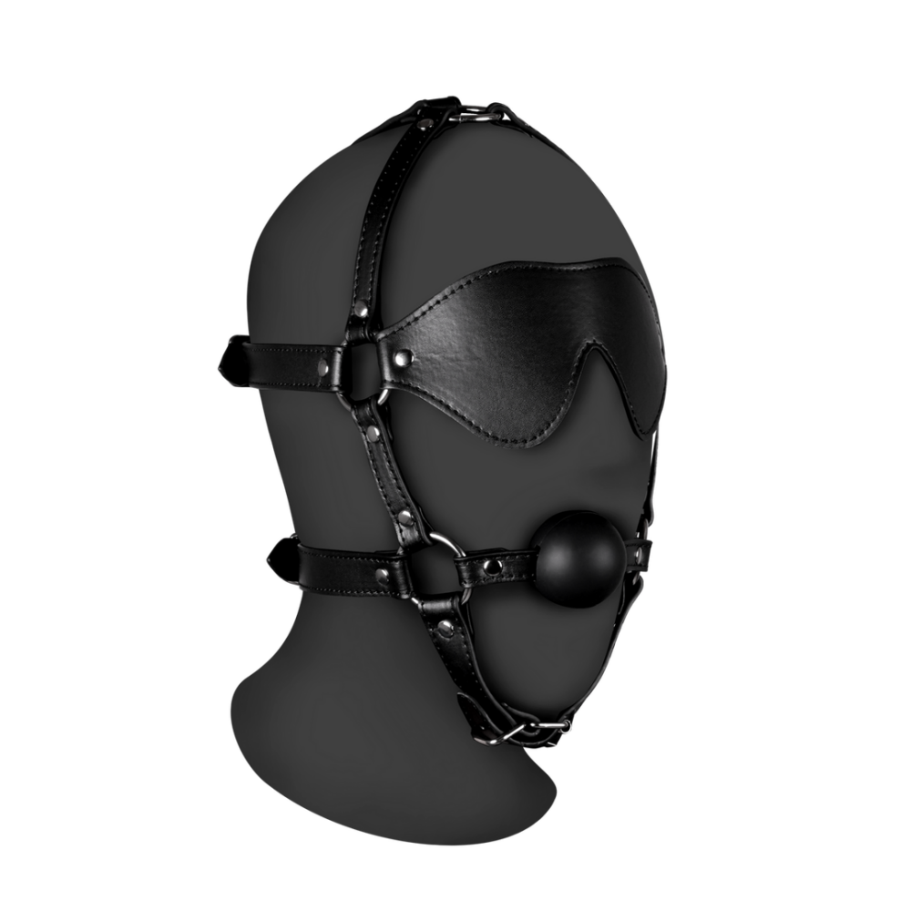 Ouch! by Shots Blindfolded Head Harness met Solid Ball Gag - Zwart afbeelding