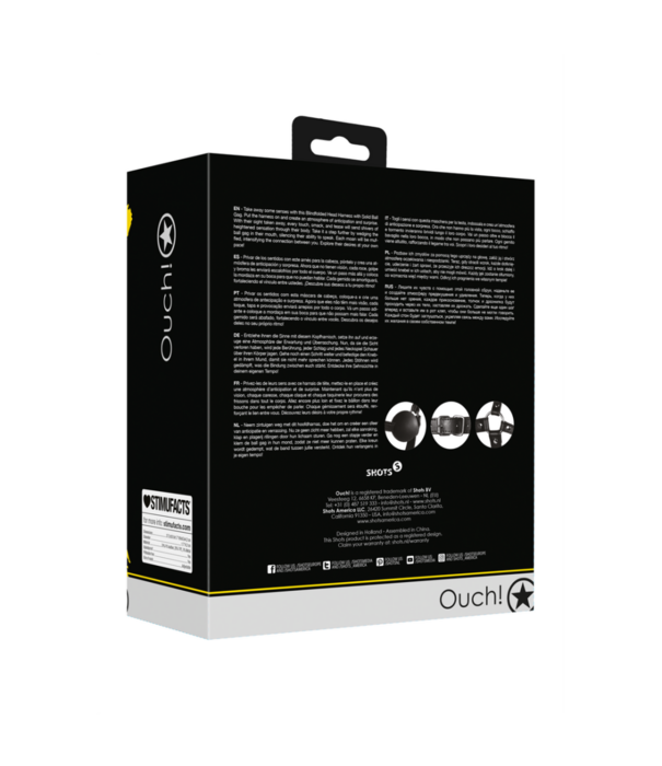 Ouch! by Shots Blindfolded Head Harness met Solid Ball Gag - Zwart
