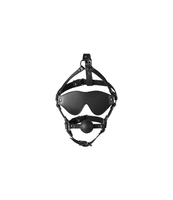 Ouch! by Shots Blindfolded Head Harness met Solid Ball Gag - Zwart