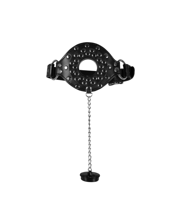 Ouch! by Shots Open Mouth Gag met Plug Stopper - Zwart