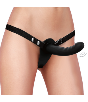 Vibrerende en oplaadbare - 10 snelheid silicone geribbelde strap-on - Verstelbaar - Zwart