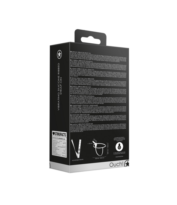 Ouch! by Shots Vibrerende en oplaadbare - 10 snelheid silicone geribbelde strap-on - Verstelbaar - Zwart