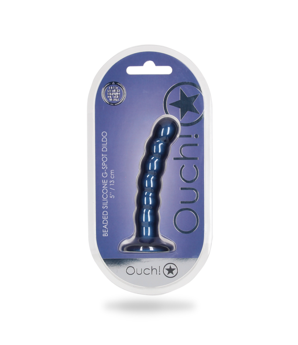 Ouch! by Shots Beaded Silicone G-Spot Dildo - 5'' / 13 cm - Metallic Blauw