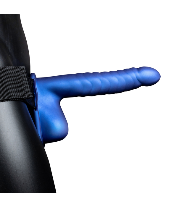 Ouch! by Shots Geribbelde Holle Strap-On met Ballen - 8 / 21 cm - Metallic Blauw