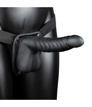 Geribbelde Hollow Strap-On met Ballen - 8 / 21 cm - Zwart