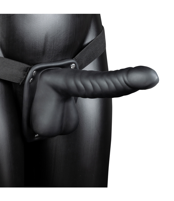 Ouch! by Shots Geribbelde Hollow Strap-On met Ballen - 8 / 21 cm - Zwart