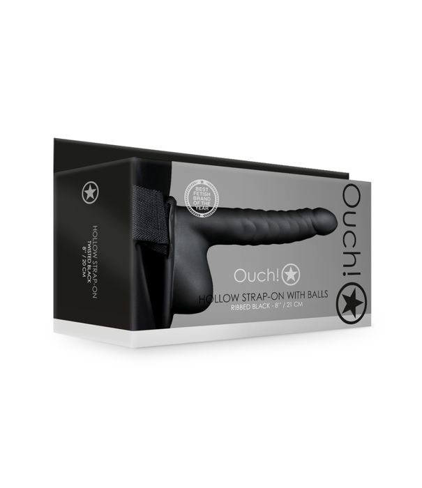 Ouch! by Shots Geribbelde Hollow Strap-On met Ballen - 8 / 21 cm - Zwart