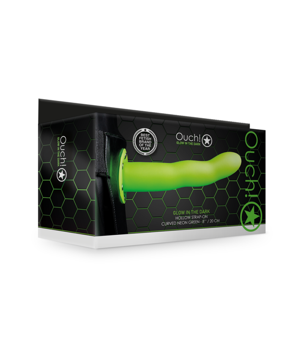 Ouch! by Shots Glow in the Dark Curved Hollow Strap-On - 8 / 20 cm - Neon Groen