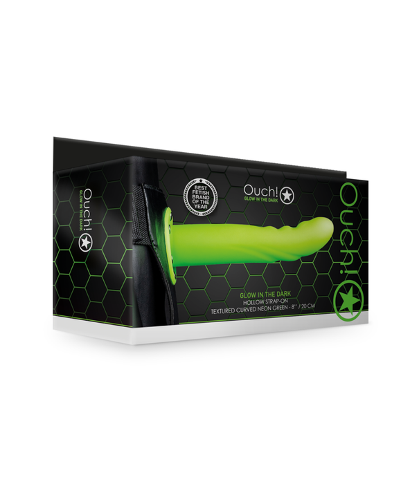 Ouch! by Shots Glow in the Dark Textured Curved Hollow Strap-On - 8 / 20 cm - Neon Groen