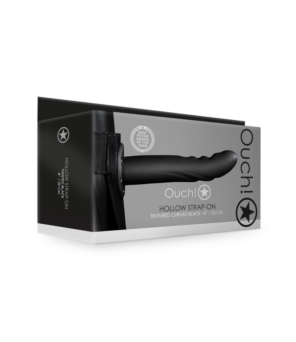 Ouch! by Shots Getextureerde Gebogen Holle Strap-On - 8 / 20 cm - Zwart