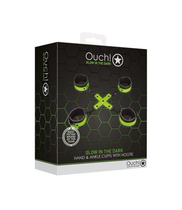 Ouch! by Shots Hand- en enkelboeien met hogtie - Glow in the Dark