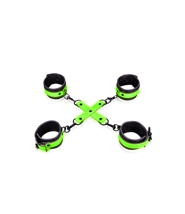 Ouch! by Shots Hand- en enkelboeien met hogtie - Glow in the Dark