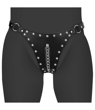 PU Leren Chastity Thong met Keten Detail - Zwart