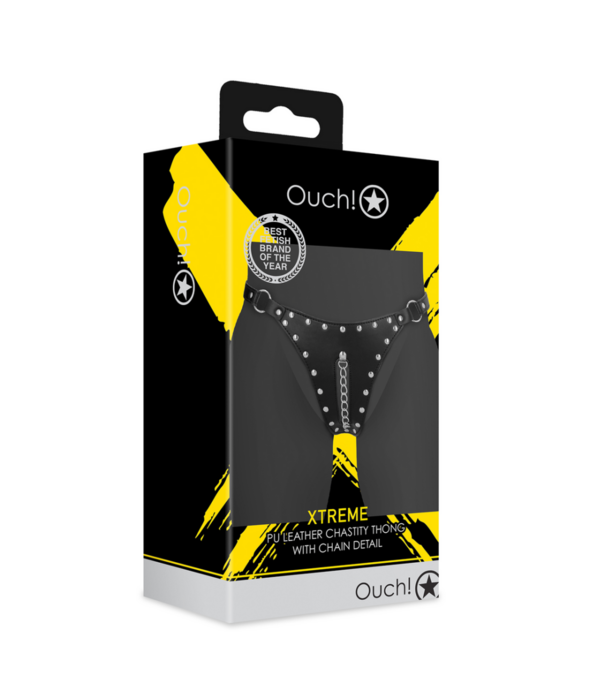 Ouch! by Shots PU Leren Chastity Thong met Keten Detail - Zwart