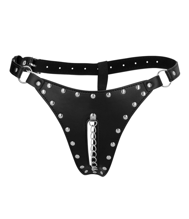 Ouch! by Shots PU Leren Chastity Thong met Keten Detail - Zwart