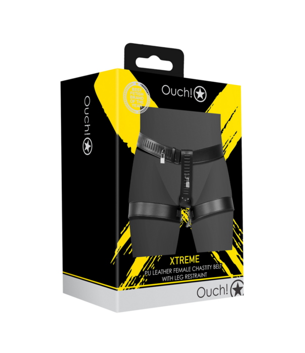 Ouch! by Shots PU Lederen Vrouwelijke Kuisheidsriem met Beenbeperking - Zwart