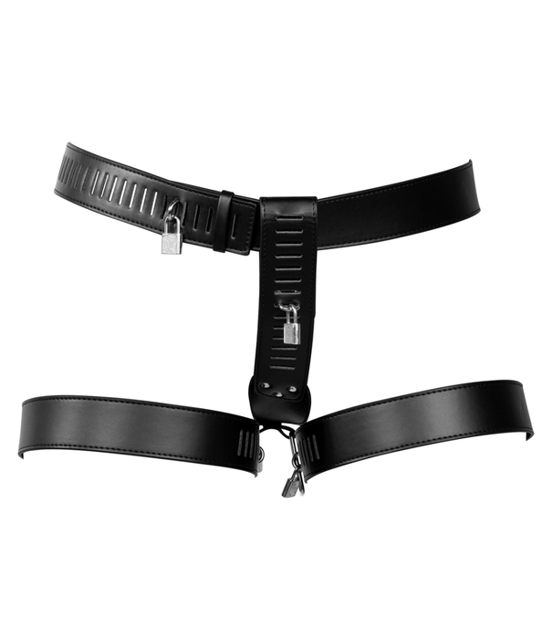 Ouch! by Shots PU Lederen Vrouwelijke Kuisheidsriem met Beenbeperking - Zwart