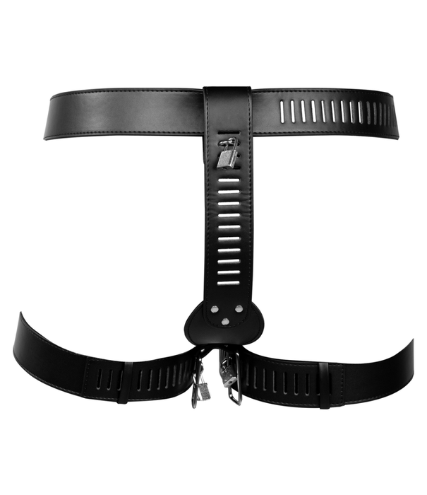 Ouch! by Shots PU Lederen Vrouwelijke Kuisheidsriem met Beenbeperking - Zwart