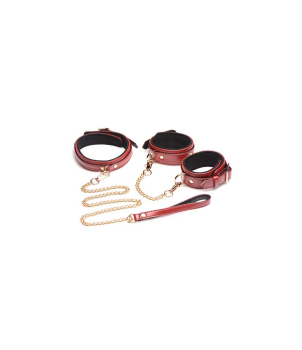 6-delige bordeaux bondage set met cuffs, halsband en riem
