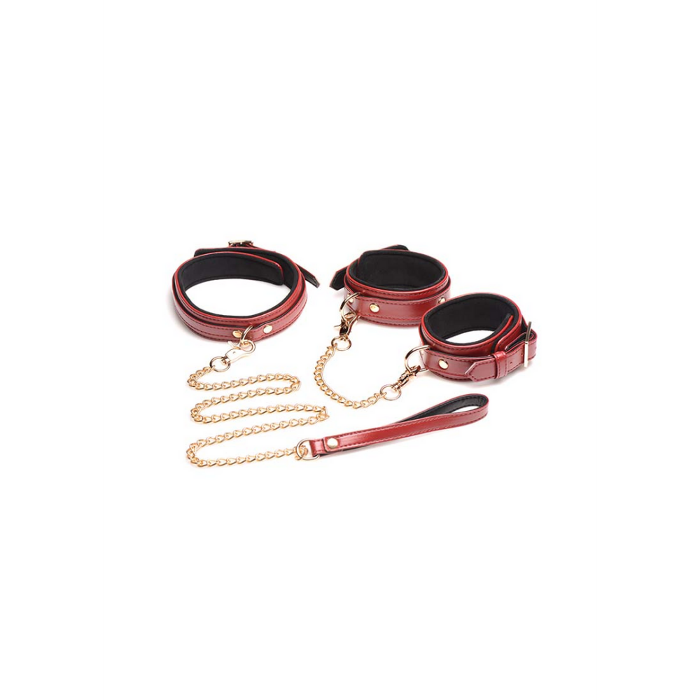 XR Brands 6-delige bordeaux bondage set met cuffs, halsband en riem afbeelding