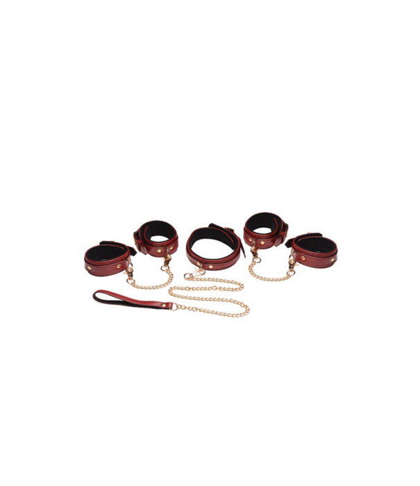 6-delige bordeaux bondage set met cuffs, halsband en riem