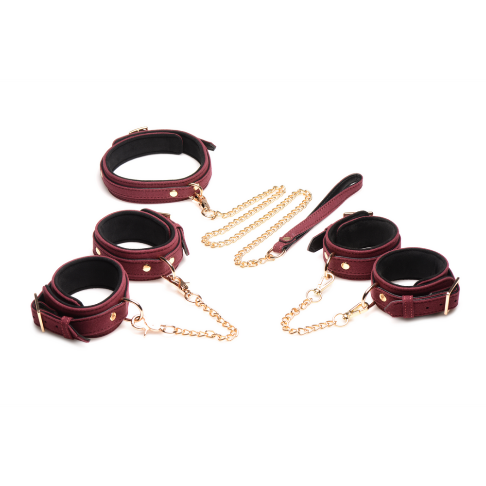 XR Brands 6-delige Velvet Burgundy Bondage Set met Cuffs, Collar en Belt afbeelding