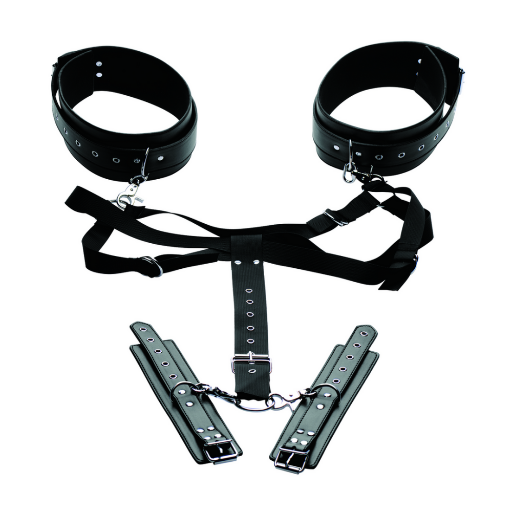 XR Brands Eenvoudige Toegang Thigh Harness met Wrist Cuffs afbeelding
