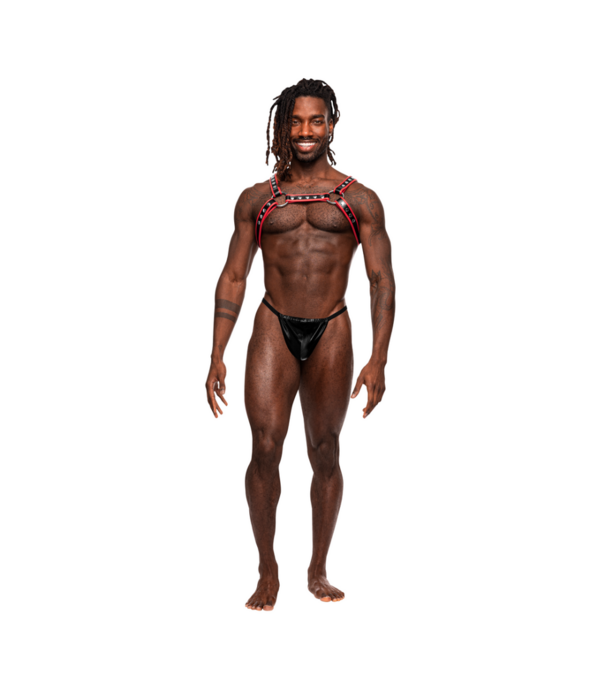 Male Power Leo - Imitatie Leren Harnas - One Size - Zwart/Rood