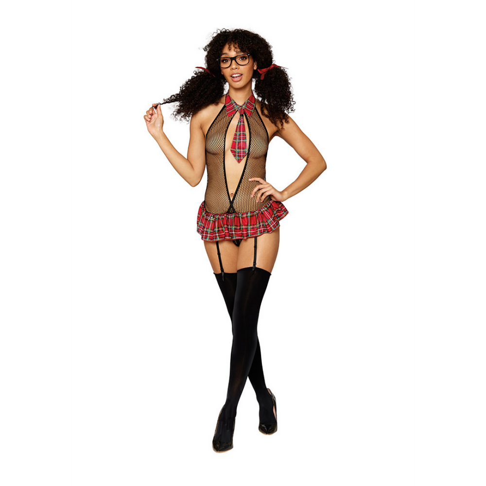 Dreamgirl Garter School Girl Teddy en Plastic Glasses - One Size afbeelding