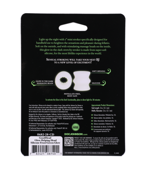 Doc Johnson Glow Helping Head Silicone - Masturbator Sleeve - Frost / Green Glow