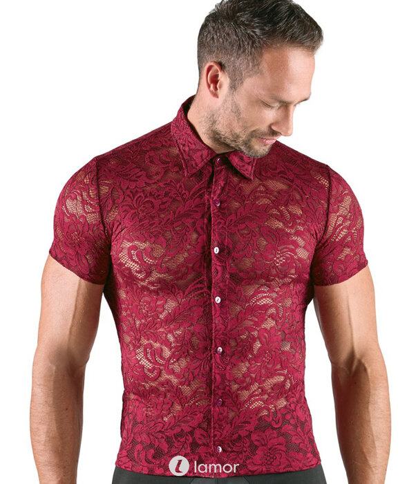 * SVENJOYMENT Svenjoyment Transparant Kort Overhemd in Donkerrode Florale Kant met Knopen en Kraag