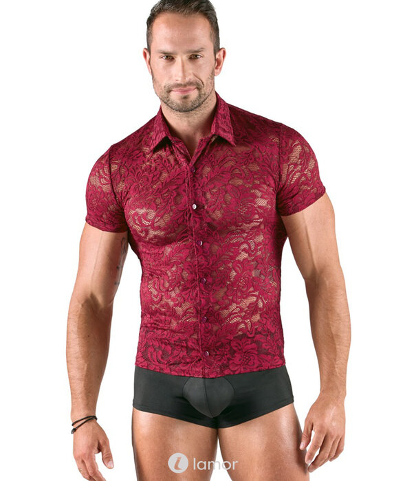 * SVENJOYMENT Svenjoyment Transparant Kort Overhemd in Donkerrode Florale Kant met Knopen en Kraag