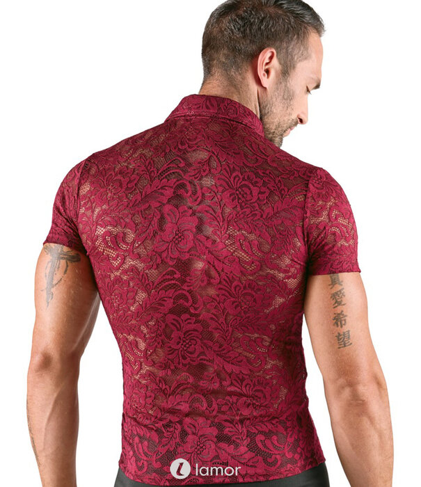 * SVENJOYMENT Svenjoyment Transparant Kort Overhemd in Donkerrode Florale Kant met Knopen en Kraag