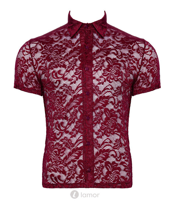 * SVENJOYMENT Svenjoyment Transparant Kort Overhemd in Donkerrode Florale Kant met Knopen en Kraag