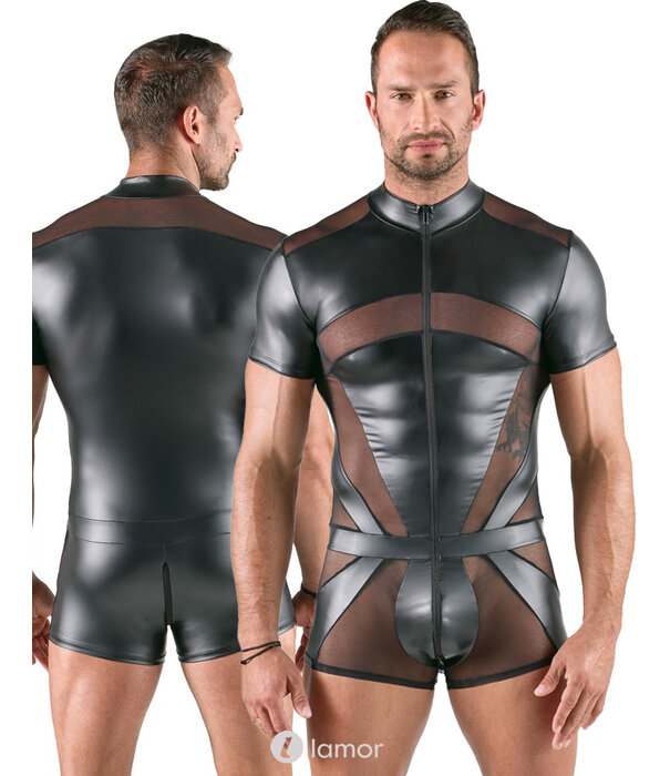 * SVENJOYMENT Svenjoyment Zwarte Korte Jumpsuit met Opstaande Kraag, Powernet Inzetstukken en 3-Weg Ritssluiting