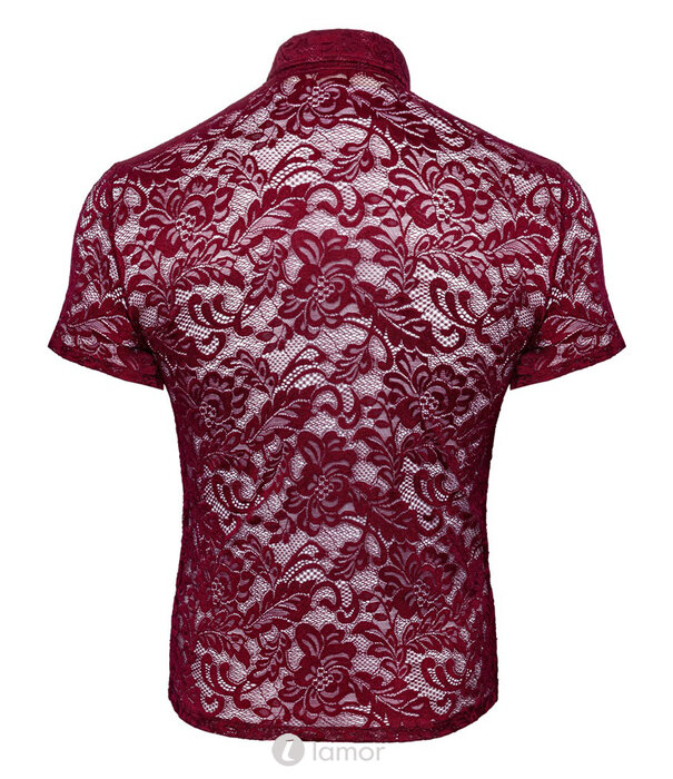 * SVENJOYMENT Svenjoyment Transparant Kort Overhemd in Donkerrode Florale Kant met Knopen en Kraag