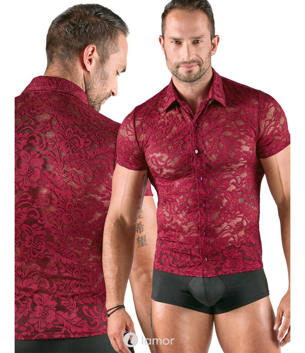 * SVENJOYMENT Svenjoyment Transparant Kort Overhemd in Donkerrode Florale Kant met Knopen en Kraag