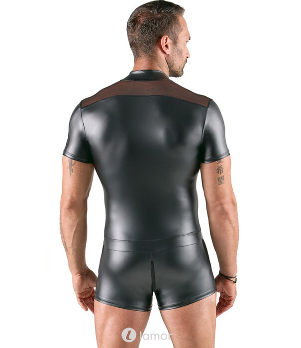 * SVENJOYMENT Svenjoyment Zwarte Korte Jumpsuit met Opstaande Kraag, Powernet Inzetstukken en 3-Weg Ritssluiting