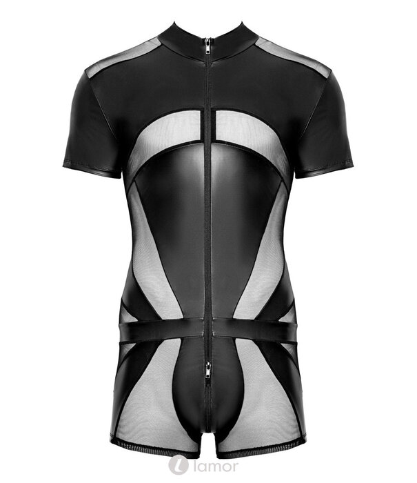 * SVENJOYMENT Svenjoyment Zwarte Korte Jumpsuit met Opstaande Kraag, Powernet Inzetstukken en 3-Weg Ritssluiting