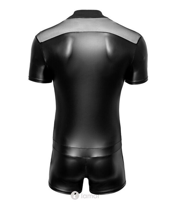 * SVENJOYMENT Svenjoyment Zwarte Korte Jumpsuit met Opstaande Kraag, Powernet Inzetstukken en 3-Weg Ritssluiting