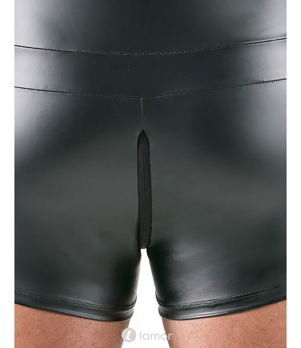 * SVENJOYMENT Svenjoyment Zwarte Korte Jumpsuit met Opstaande Kraag, Powernet Inzetstukken en 3-Weg Ritssluiting