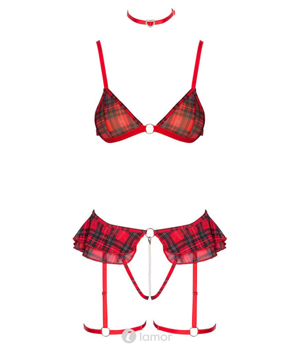 * COTTELLI  Cottelli Costumes 3-delig Lingeriesetje in Rood Geruite Look met Open Kruis, Parelketting en Strass Choker