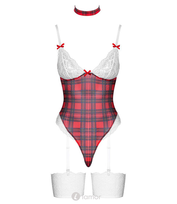 * COTTELLI  Cottelli Lingerie Straps-Body en Halsband in Rood-Witte Karo Look met Kant en Strikjes