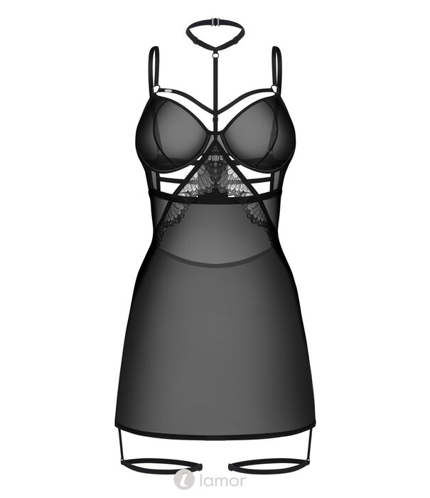 * OBSESSIVE Obsessive Arrowel Negligé – Zwart Transparant Lingeriejurkje met Kant, Beugelcups, Halsband & Straps