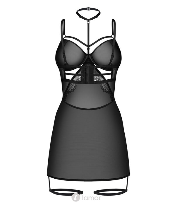 * OBSESSIVE Obsessive Arrowel Negligé – Zwart Transparant Lingeriejurkje met Kant, Beugelcups, Halsband & Straps