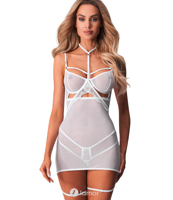 * OBSESSIVE Obsessive Arrowel Negligé – Wit Transparant Lingeriejurkje met Kant, Beugelcups, Halsband & Straps